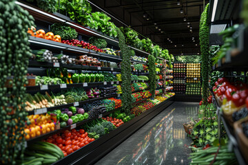 High-angle shot of a grocery store aisle with fresh produce and healthy options, promoting nutritious eating habits