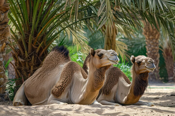 Two camels rest beneath the shade of a palm tree oasis.