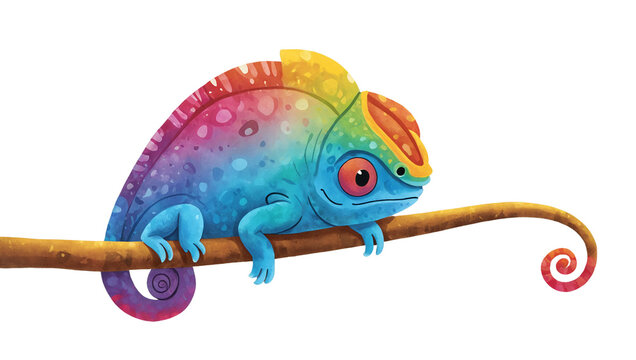 Watercolor illustration of a vibrant chameleon with a rainbow hues resting on a curved wood, showcasing vivid colors and a playful style