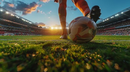 Soccer player's feet stepping on a soccer ball for kick-off in the stadium.