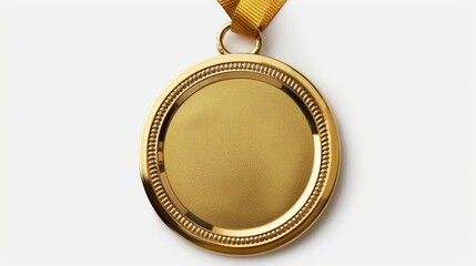 Close-up of Gold Medal with Yellow Ribbon, Close-up view of a textured gold medal with intricate border detail, attached to a yellow ribbon, against a white background.