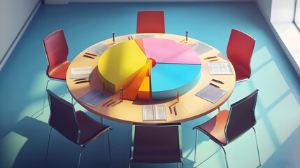 Fototapeta premium 3D Isometric Pie Chart Visualizing Market Shares in a Corporate Meeting