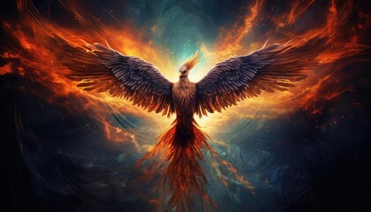 Artistic rendition of a phoenix rising from ashes, its fiery feathers illuminating the surrounding darkness with intense colors - obrazy, fototapety, plakaty