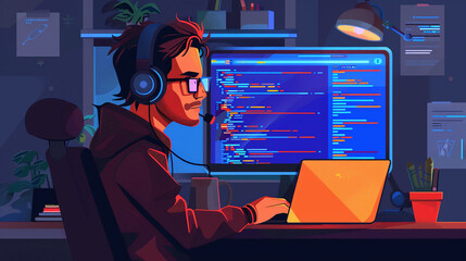 2D vector style illustration of male programmer working on computer, coding expert, html