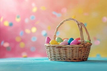 Fototapeta na wymiar Easter basket filled with treats and surprises against a colorful backdrop