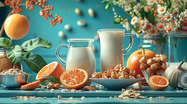 A blue table with a variety of food items including milk, oranges, and nuts