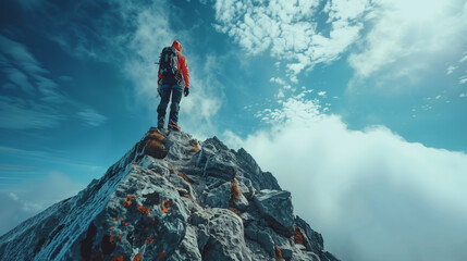 A mountaineer scaling a treacherous peak, defying danger and pushing their limits with bravery and determination to conquer the summit.
