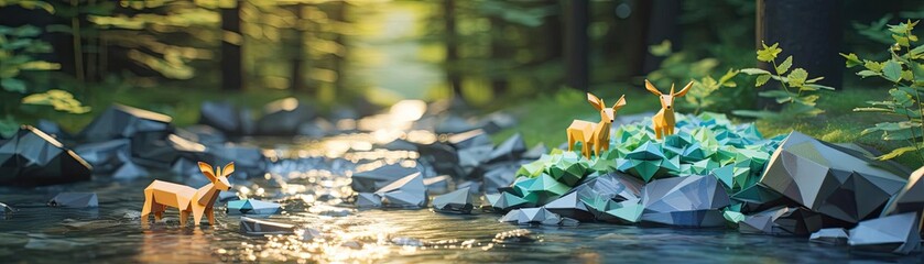 Serene image of a summer forest, with an origami paper animal delicately sipping water from a clear forest stream, embodying tranquility