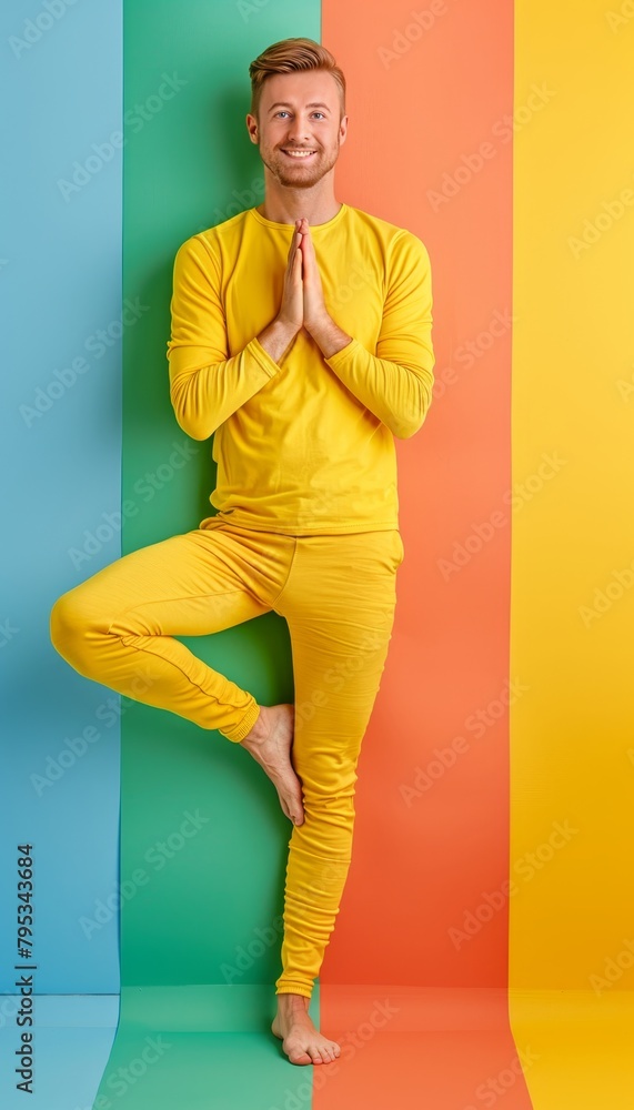 Poster Agile athlete balancing on single leg in gymnastics routine on soft background with space for text