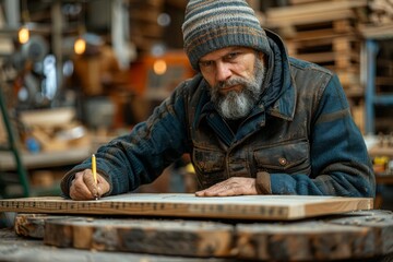 A focused carpenter is marking precise measurements on a wooden plank for cutting, in a workshop setting, with a pencil