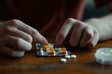 A person is holding a bunch of pills, some of which are orange
