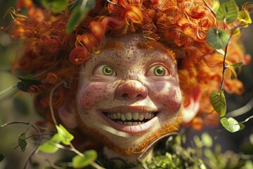 exuberant redheaded dwarf with wild curly hair grins with pure delight joyful character concept 3d render