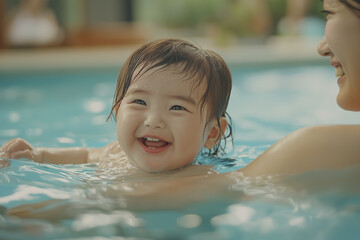 A woman is holding a baby in a pool. The baby is smiling and enjoying the water. Scene is happy and joyful