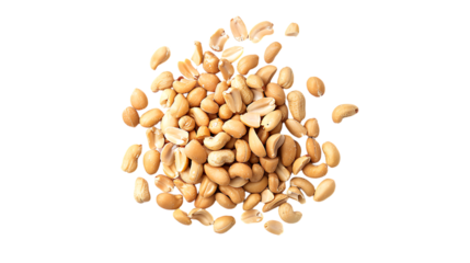 A pile of roasted peanuts on a white background.