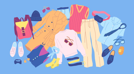 Cartoon Clothes Male Different Types Concept Flat Design Style on a Blue. Vector illustration of Floating Objects