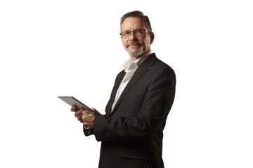 visionary technical director standing with a tablet and wearing elegant business clothes on a white background.