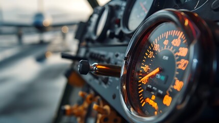 Fototapeta premium Aviation Fueling Insight: Macro Shot of an Airplane's Fuel Gauge Climbing