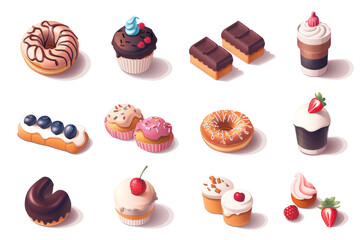 Set of sweet delicious cakes, donuts and cupcakes