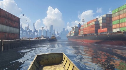 Cargo ship loaded with containers docked at sea port.