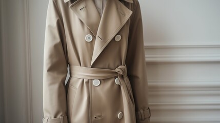 A Model Poses Wearing A Brown Belted Trench Coat.