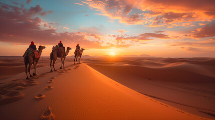 Fototapeta na wymiar Adventurers riding camels across vast desert dunes, with the sun setting on the horizon, capturing the rugged beauty and vastness of desert landscapes.