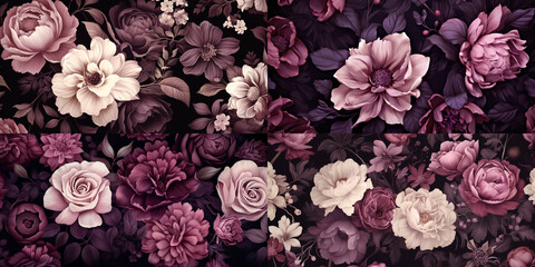 Deep aubergine and blush pink flowers creating a luxurious seamless pattern.