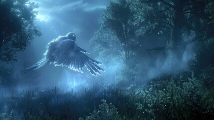 Ghostly Harpy Soaring in the Ethereal Night Sky - obrazy, fototapety, plakaty