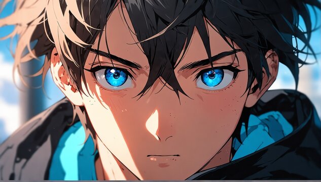 blue eyes guy anime cartoon close-up from Generative AI