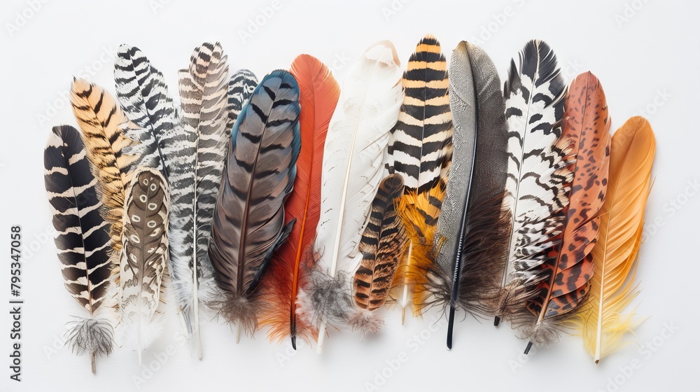 Poster feathers with a bohemian twist arranged in a captivating display on a pure white backdrop