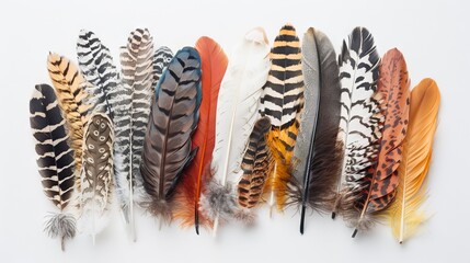 Feathers with a bohemian twist arranged in a captivating display on a pure white backdrop