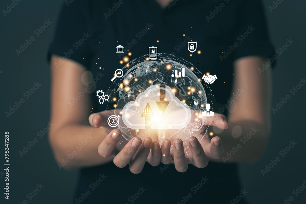Poster big data and cloud technology. cloud icon in the hand of a businessman. data transfer concept with c