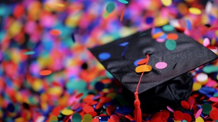 Graduation cap with confetti background. - obrazy, fototapety, plakaty