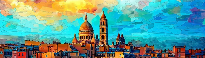 Abstract Dawn Over Parisian Roofs, The rooftops of Paris are reimagined in an abstract art style, with vibrant hues and textured brushstrokes creating a dreamlike interpretation of the city's dawn.
