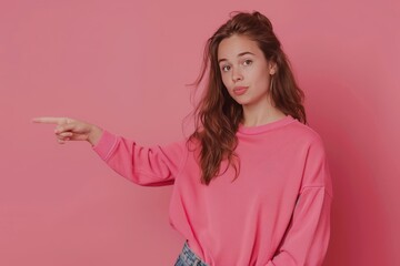 Young woman pointing finger to side, adult girl isolated on pink background