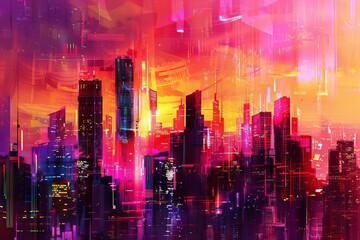 futuristic cityscape in vivid neon hues abstract digital art illustration