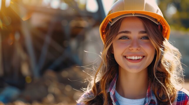 Smiling beautiful girl construction worker look on free background - labor day cute model . 4k Smiling beautiful girl construction worker look.