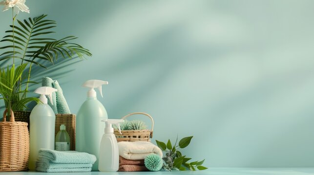 Eco - friendly laundry, eco-friendly washing, eco friendly dishwashing. Bottles with natural detergent and bamboo eco sponges and cleaning supplies.