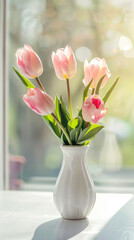 A bouquet of pink tulips in a white vase close-up on a table on a blurred background in a home sunny light interior with space for text. Banner. Greeting card with spring mood