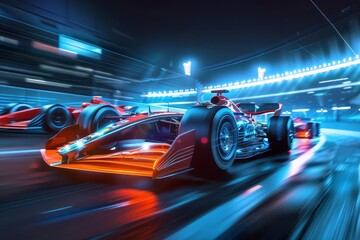 futuristic formula 1 race cars speeding on track digital illustration