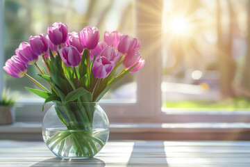 A bouquet of purple tulips in a glass transparent vase close-up on a table on a blurred background in a home sunny light interior with space for text. Banner. Greeting card with spring mood