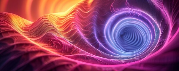 Graphic design art of abstract illusion of a spiral with geometric shapes of pink and violet neon lines.