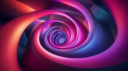 Graphic design art of abstract illusion of a spiral with geometric shapes of pink and violet neon lines.