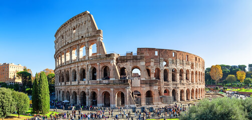 Panoramic view of Colosseum (Coliseum) is one of main travel attraction of Rome, Italy.