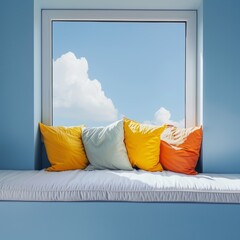 Four pillows on a white bench in front of a bright blue sky and white clouds - obrazy, fototapety, plakaty