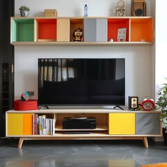 A living room with a mid-century modern TV stand and colorful shelves on the wall behind it.