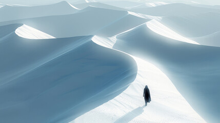 A person is walking through a snowy desert. The scene is desolate and cold, with the person's shadow casting a long line behind them