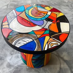 A table with a round top decorated with colorful patterns.