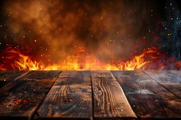 Empty wooden table with fiery background for hot and spicy food promotion. Suitable for restaurant marketing or advertising campaign. - obrazy, fototapety, plakaty