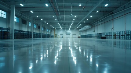 Fototapeta premium Modern Warehouse Interior with Shelves and Aisles, Perspective view inside a modern warehouse with endless aisles of shelves stocked with goods, reflecting on a glossy floor.