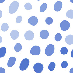 Blue irregular dots seamless pattern. Spotted allover print. Monochromatic ovals scattered on white background